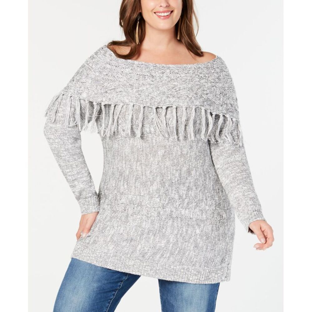 INC International Concepts Plus Size Fringe Tunic Sweater